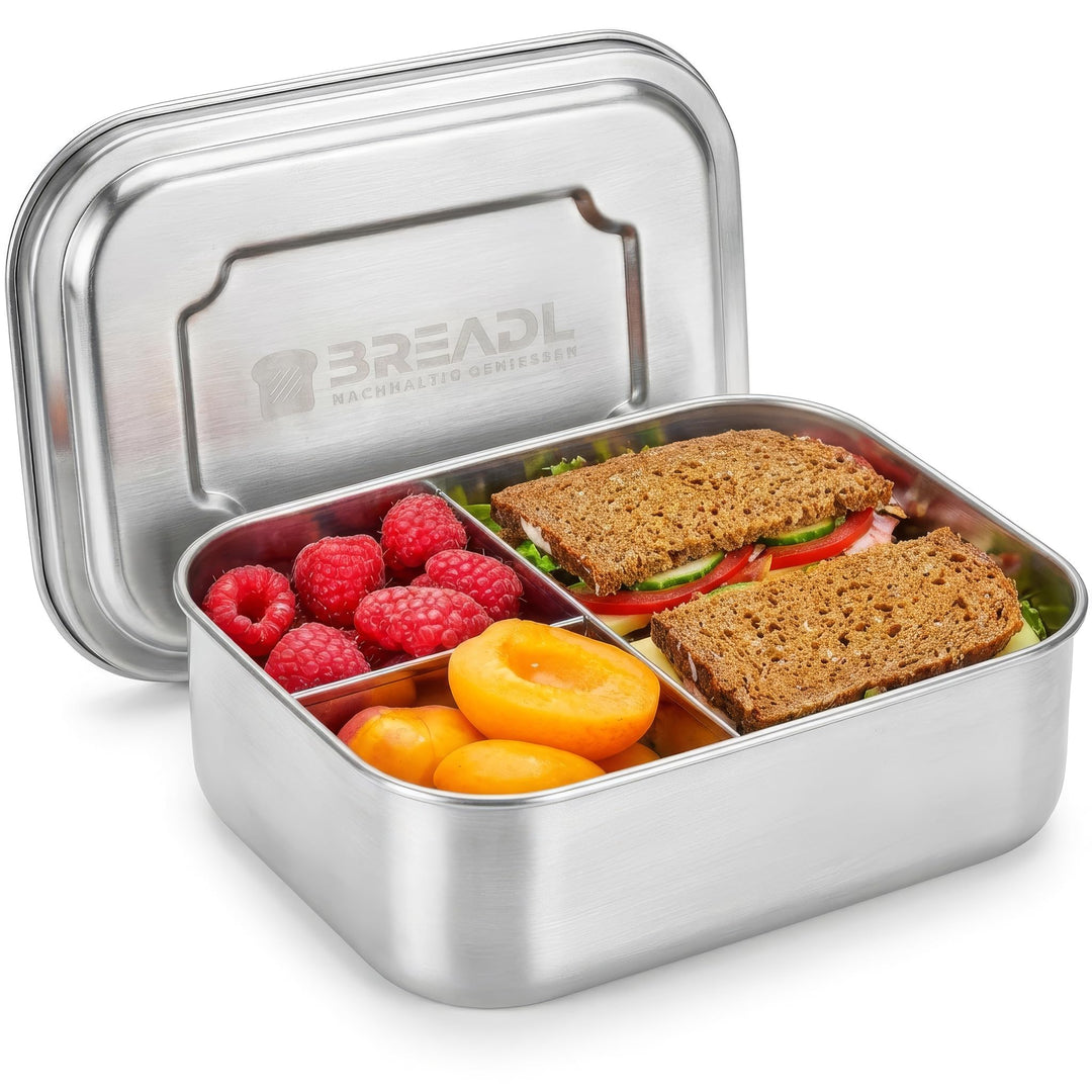Edelstahl Brotdose, Feste Trennwand und 3 Fächer, Plastikfrei, Rostfrei, Spülmaschinengeeignet, Klei