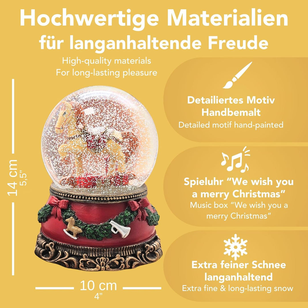 Weihnachts-Schneekugel mit Musik | Schneekugel Schaukelpferd mit Geschenkpaketen | Sockel Weihnachte