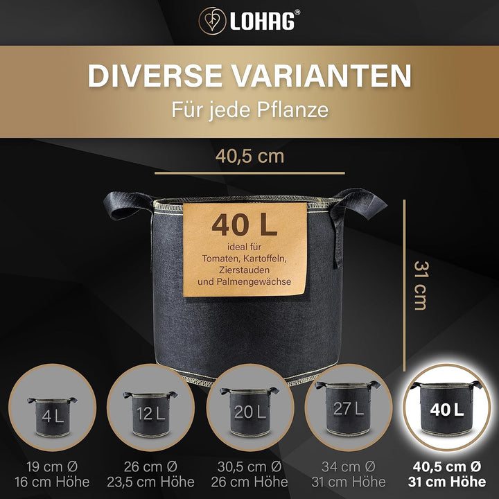 lohag® Premium Vliesstoff-Pflanzsack - 40 Liter, 3er Pack | Für Kräuter, Blumen, Gemüse &amp; Zimmerpfla