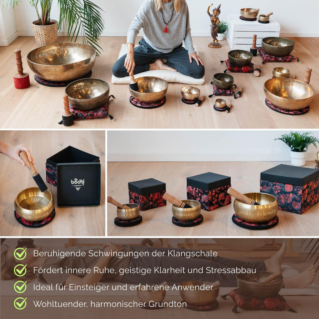 Indische Klangschalen mit Schriftzeichen-Verzierung und Geschenkbox | Singing Bowl Ø 8cm | Klangther