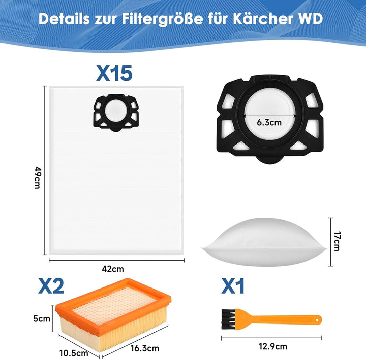 15 Stück Staubsaugerbeutel für Kärcher WD4 WD5 WD6 WD5P WD6P MV4 MV5 MV6 KFI 487 mit 2 Filter KFI 44