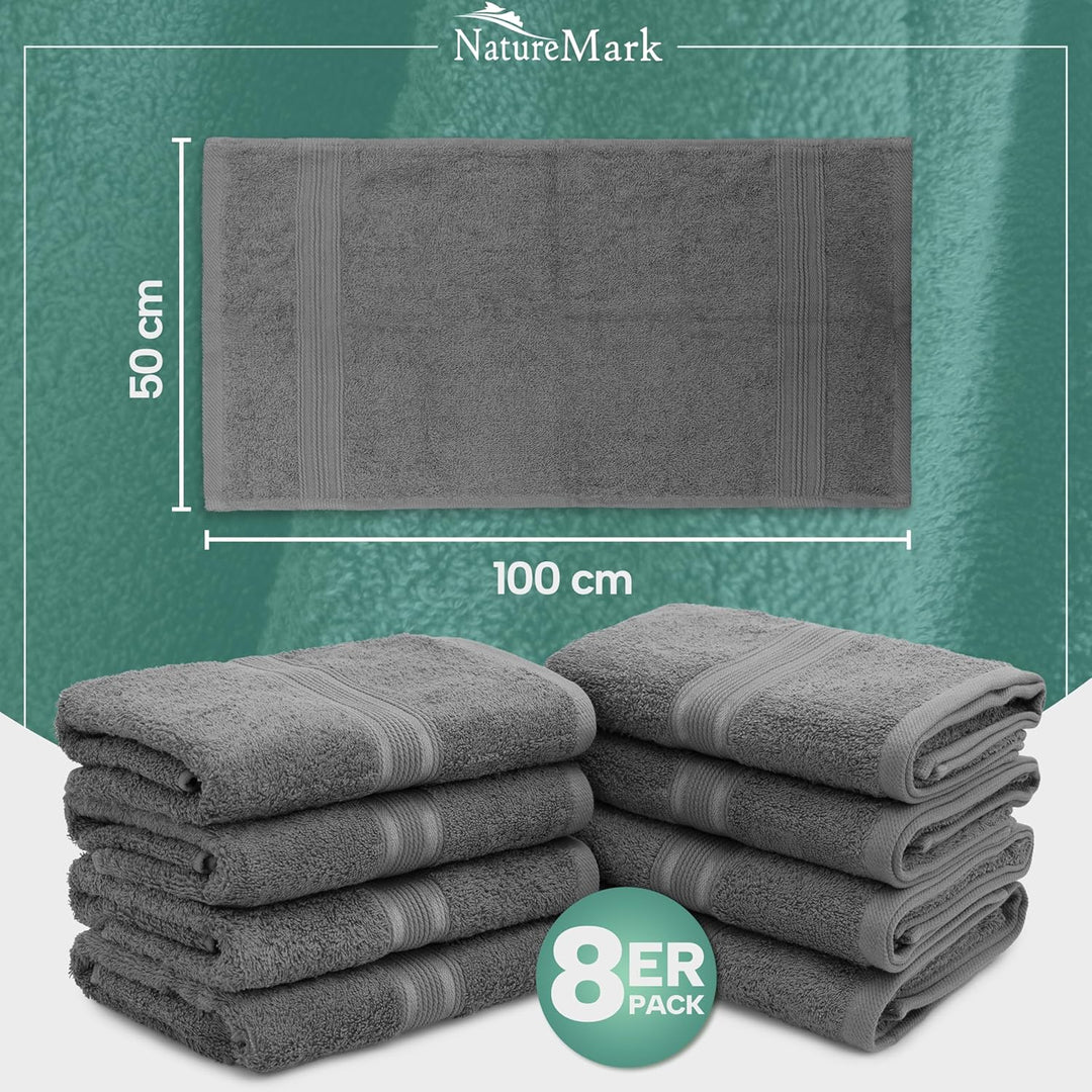 NatureMark 8er Pack Handtücher, 100% Baumwolle, 50 x 100 cm, Handtuch Set Anthrazit grau Anthrazit/G