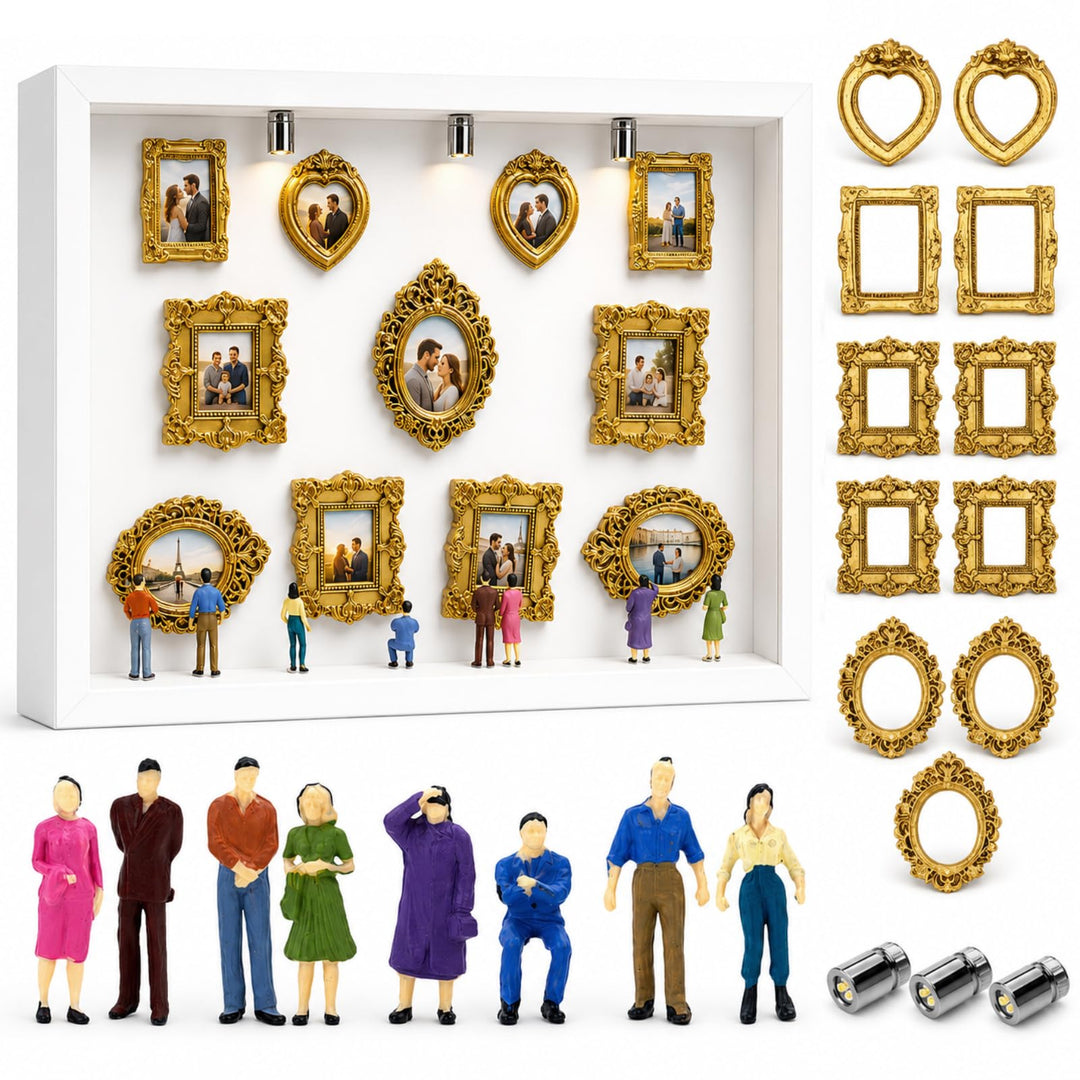 DIY Mini Museum Menschen Bilderrahmen, Mini Figuren Museum Bilderrahmen mit 11 Goldene Rahmen Vintag