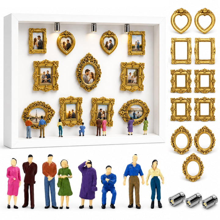 DIY Mini Museum Menschen Bilderrahmen, Mini Figuren Museum Bilderrahmen mit 11 Goldene Rahmen Vintag