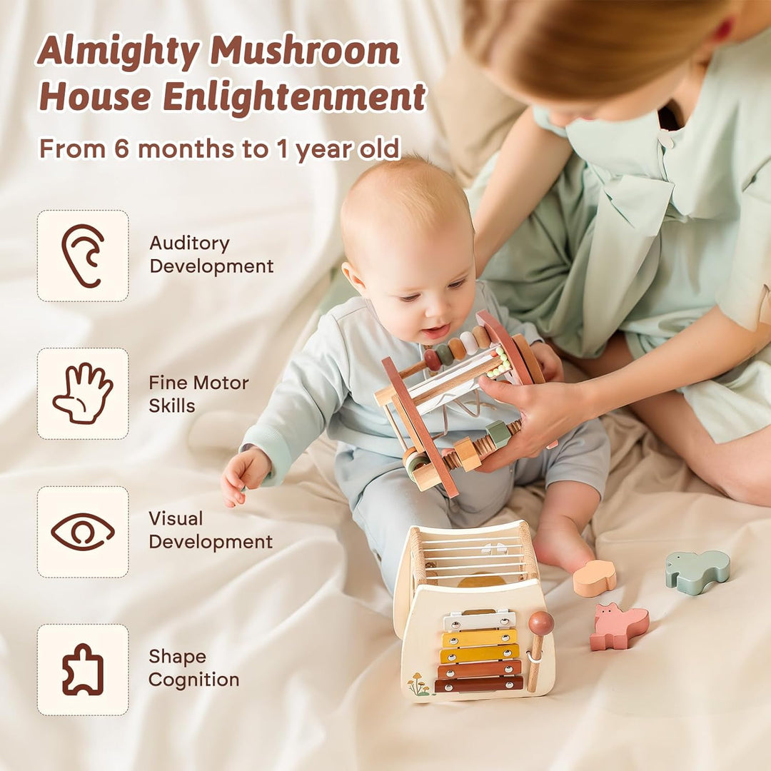 WOODEN TEETHER Montessori Motorikwürfel holzspielzeug Montessori Spielzeug ab 1 Jahr 5 in 1（Rosa Pil