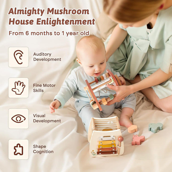 WOODEN TEETHER Montessori Motorikwürfel holzspielzeug Montessori Spielzeug ab 1 Jahr 5 in 1（Rosa Pil