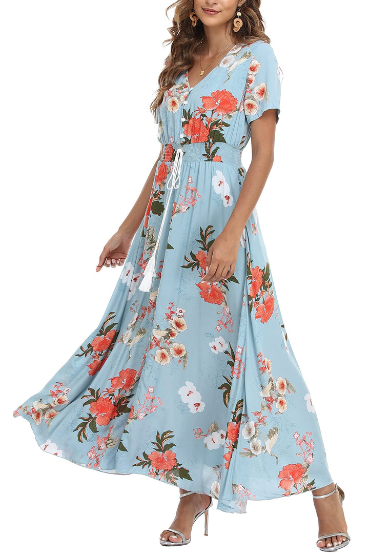 VOGMATE Damen Lange Split Knopf Up Sommer Maxikleid Floral Strandwear Holidy Kleid Hohe Taille mit k