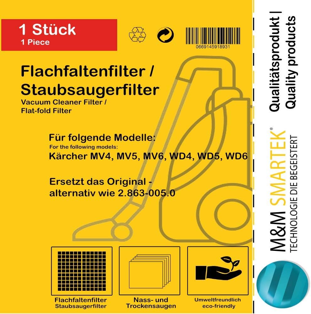 M&amp;M Smartek 2x Flachfaltenfilter für Kärcher WD4-WD6/MV4-MV6 | Passgenauer Kassettenfilter für Nass-