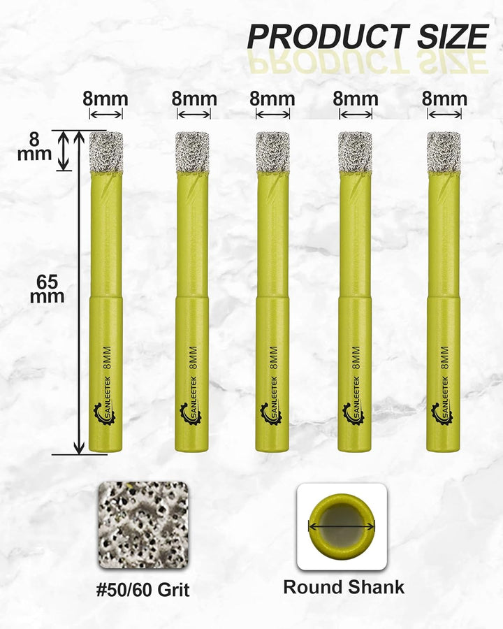 Trocken Diamant Bohrkrone 5 Stücke 8mm Fliesenbohrer mit Rundschaft für Marmor Granit Keramik Porzel