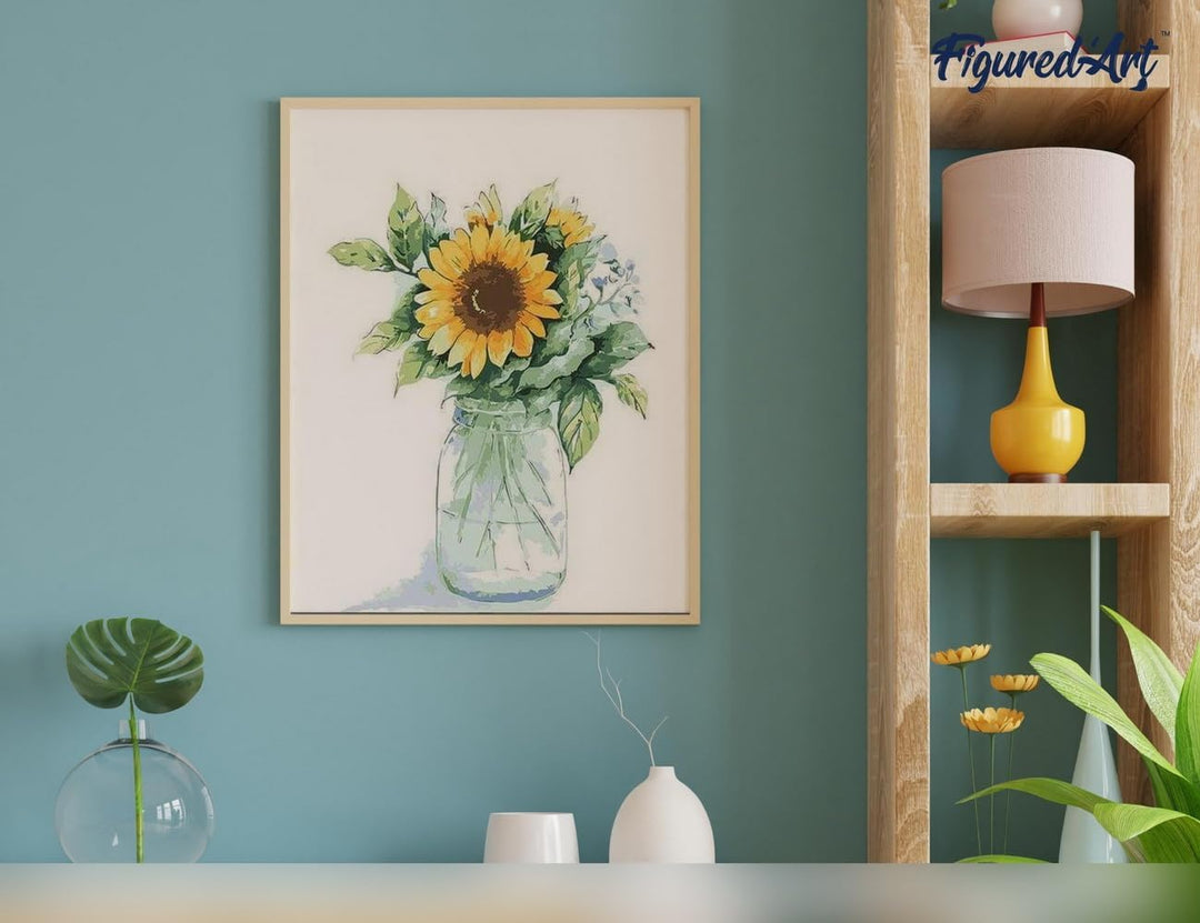 Figured'Art Malen Nach Zahlen Erwachsene Mit Rahmen Sonnenblumen im Glas - Paint by Numbers Basteln