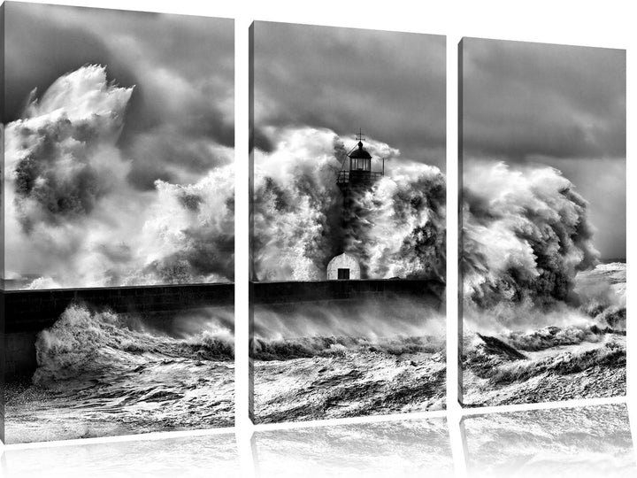 Pixxprint Leuchtturm im Sturm / 3-Teilig/Gesamtmass 120cm Leinwandbild bespannt auf Holzrahmen/Wandb