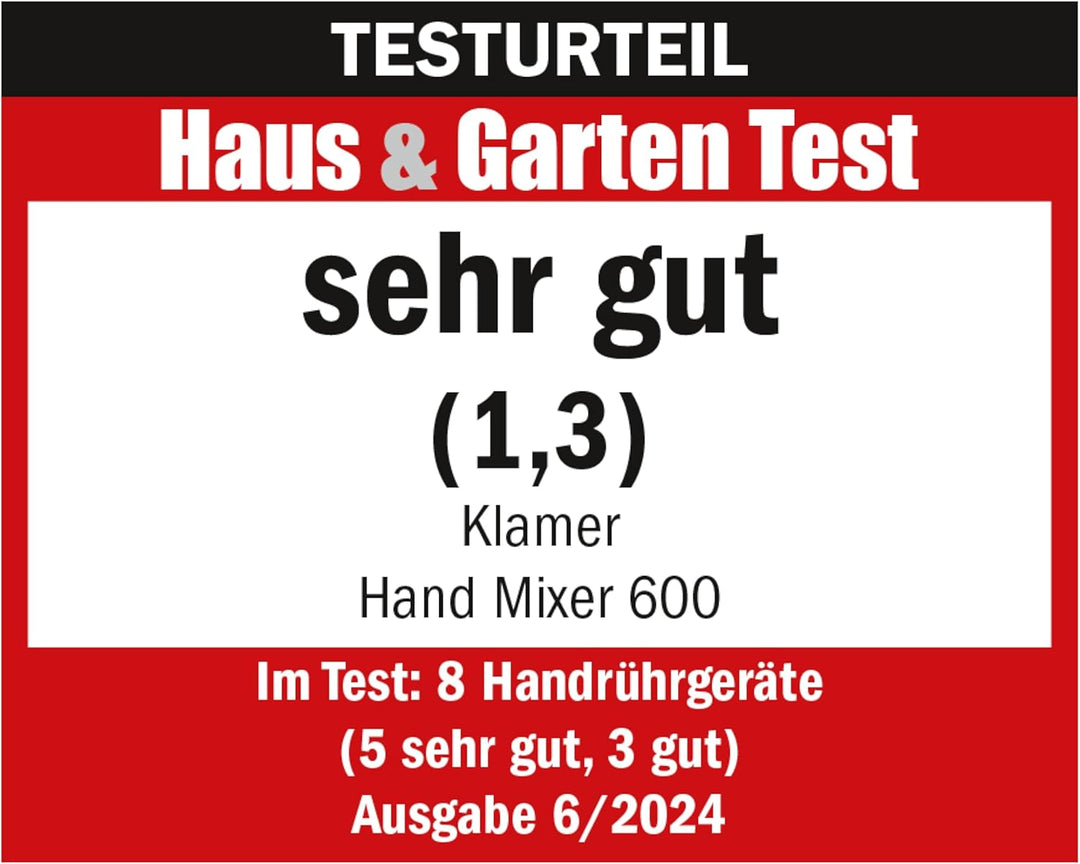 KLAMER Handrührgerät, 600 Watt Handrührer mit Turbostufe, 5 Stufen Handmixer mit Schneebesen und Kne