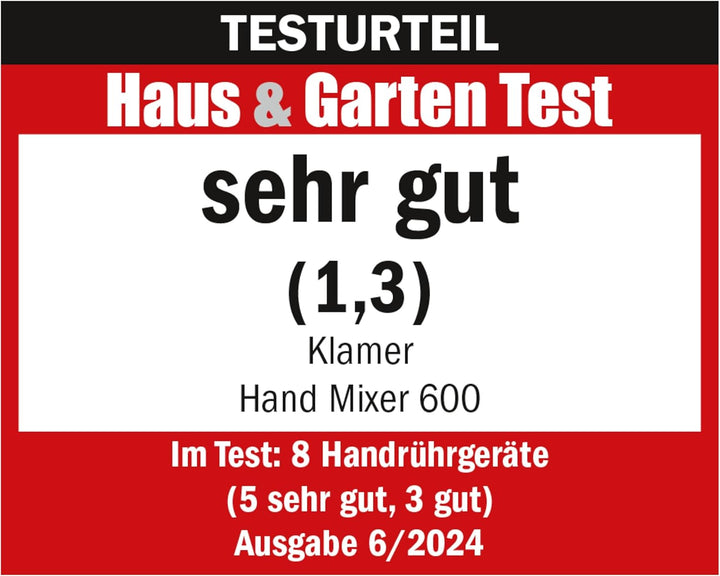 KLAMER Handrührgerät, 600 Watt Handrührer mit Turbostufe, 5 Stufen Handmixer mit Schneebesen und Kne