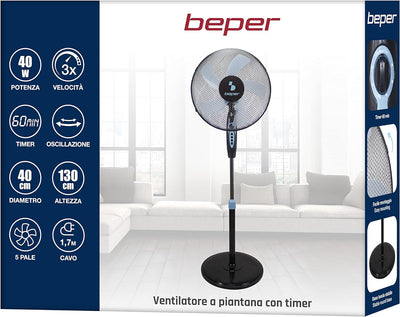 BEPER P206VEN130 Standventilator mit Timer - Ventilator Leise mit 5 Flügeln, 40 cm, 40 Watt Standven