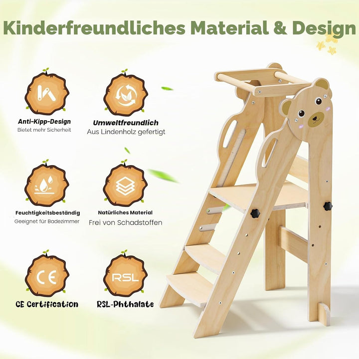 Lernturm ab 1 Jahr,Lernturm klappbar Montessori Learning Tower Holzfarbe,Lernturm Für Kinder, für Kü