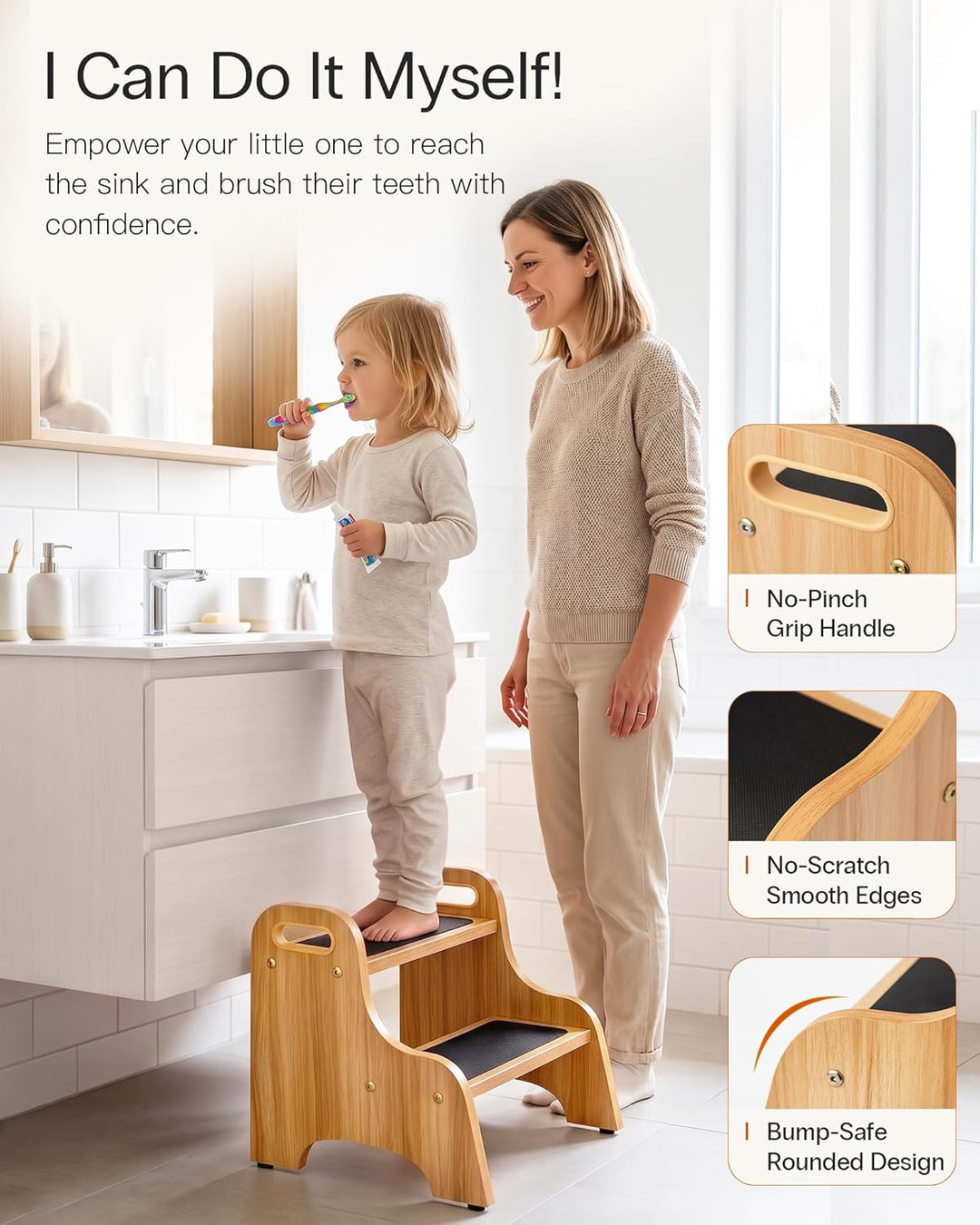 StrongTek Wood 2 Tritthocker für Kinder mit Rutschfester Trittfläche, tragbaren Griffen, rutschfeste