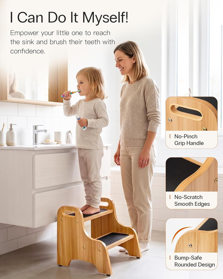 StrongTek Wood 2 Tritthocker für Kinder mit Rutschfester Trittfläche, tragbaren Griffen, rutschfeste