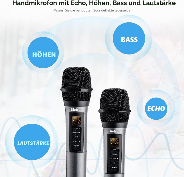 Bietrun Kabellose Mikrofone mit Echo, Höhen, Bass und Bluetooth, 160 m Reichweite, tragbares UHF-Han