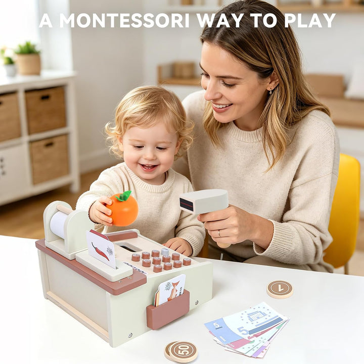 Spielkasse Kinder Holz Registrierkasse mit Spielgeld, Montessori Holz Spielzeug Kasse Kaufladen Zube