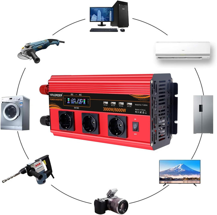 Wechselrichter 12V 230V 3000W /6000W Wechselrichter Fernbedienung 4X USB und LCD 3 AC Steckdosen Mod