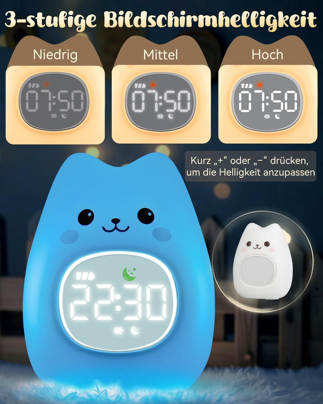 Yiliaw Katzen Kinderwecker mit Nachtlicht – Schlaftrainer & Aufwachuhr, wiederaufladbare Silikonlamp