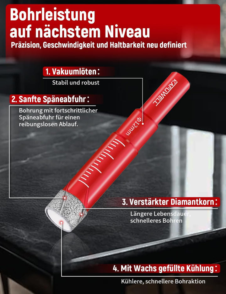 KAFUWELL Fliesenbohrer Diamantbohrer Profi-Set 10tlg, 5-12mm Glasbohrer & 6mm Karbid-Anbohrer für Ke