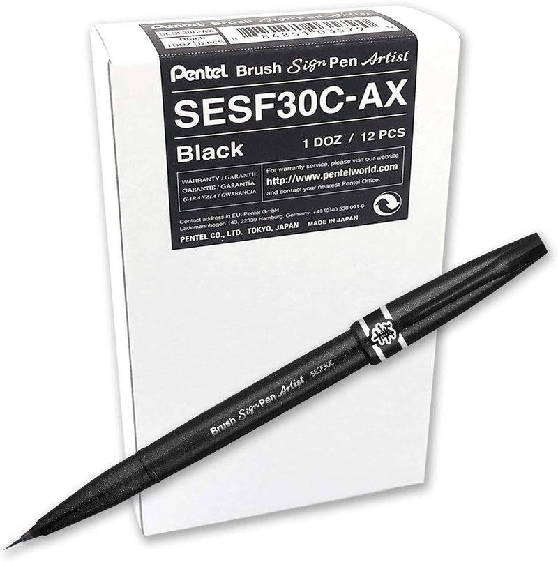 Pentel SESF30C-AX Extra feine Pinsel-Spitze, 12 Stück schwarz 12 Schwarz, 12 Schwarz