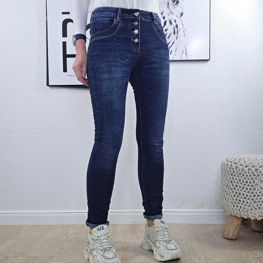 Jewelly Stretch Jeans| im Baggy Boyfriend Schnitt| Damen Hose mit dekorativer Knopfleiste| Perfekter