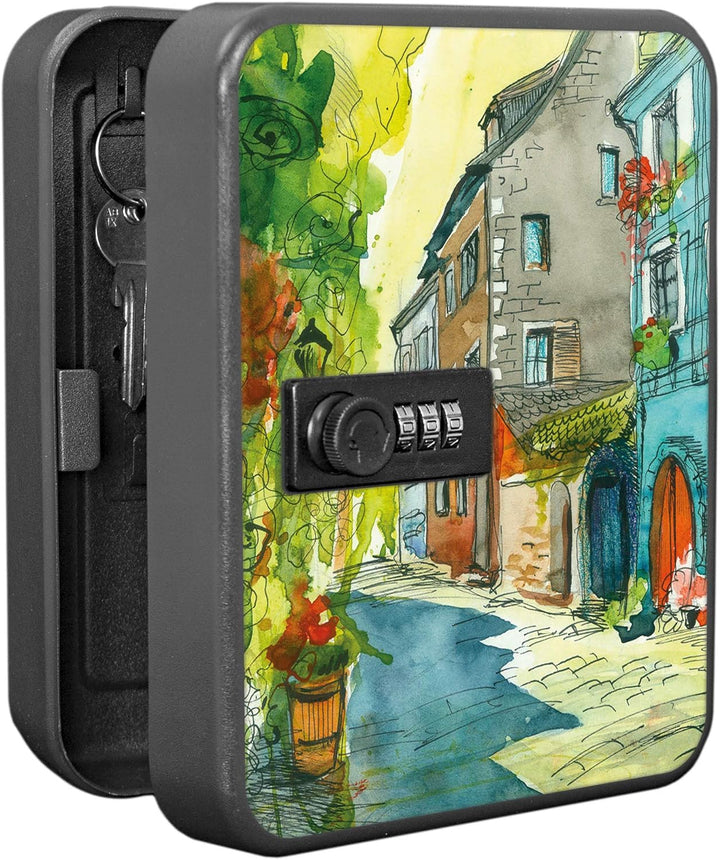 banjado® Burg-Wächter® abschliessbarer Schlüsselkasten mit Motiv Historische Stadt für 20 Schlüssel