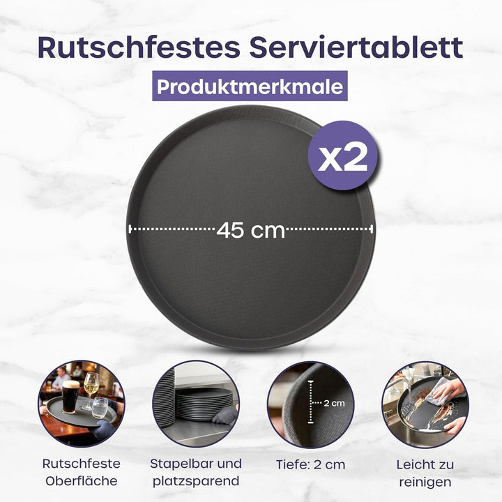volila Rutschfestes Schwarzes Tablett Serviertablett Rund (2 Stk. à 45 cm) - Rundes Tablett Ideal al