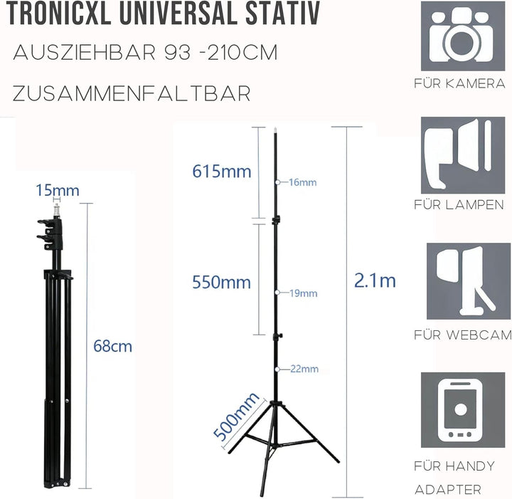 TronicXL 210cm Hohes Stativ Tripod für Kamera Licht Actioncam Webcam Ständer Halterung Tripod 1/4" h