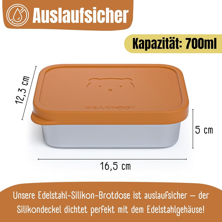 BEARFOOT Edelstahl Brotdose Kinder mit Silikondeckel (Braun, 700 ml) | BPA-frei, auslaufsicher, Brot