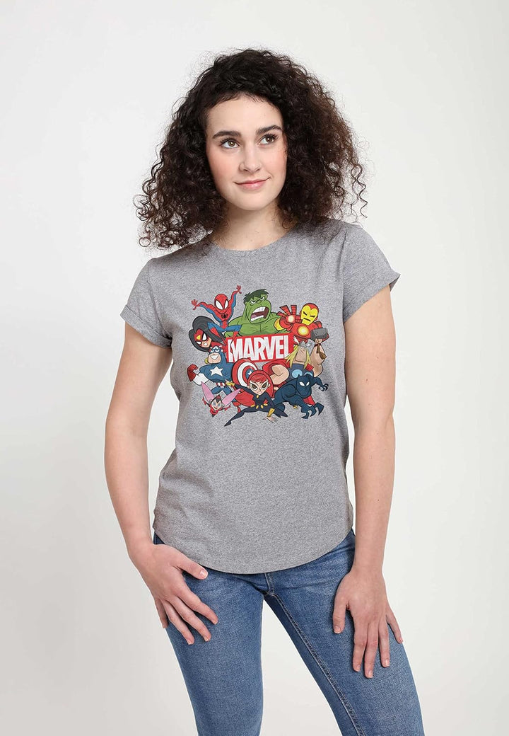 Marvel Damen Avengers Classic Group Marvel Retro Women's Rolled Sleeve T-shirt M Melange Grey, M Mel