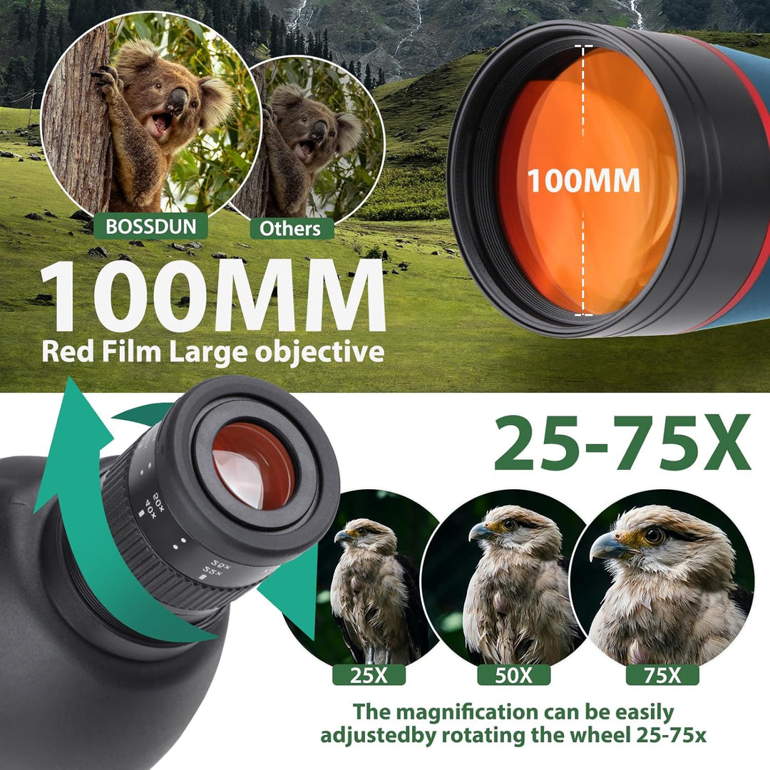 25-75x100 HD Spektiv Sportschützen mit Stativ- und Smartphone-Adapter, Zoom Bak4 Prism FMC Lens 45-G