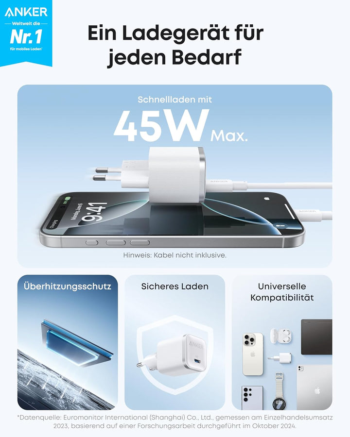 Anker Nano 45W USB C Ladegerät, kompakter Netzteil, Schnellladegerät für iPhone 17/Pro/Pro Max/iPhon