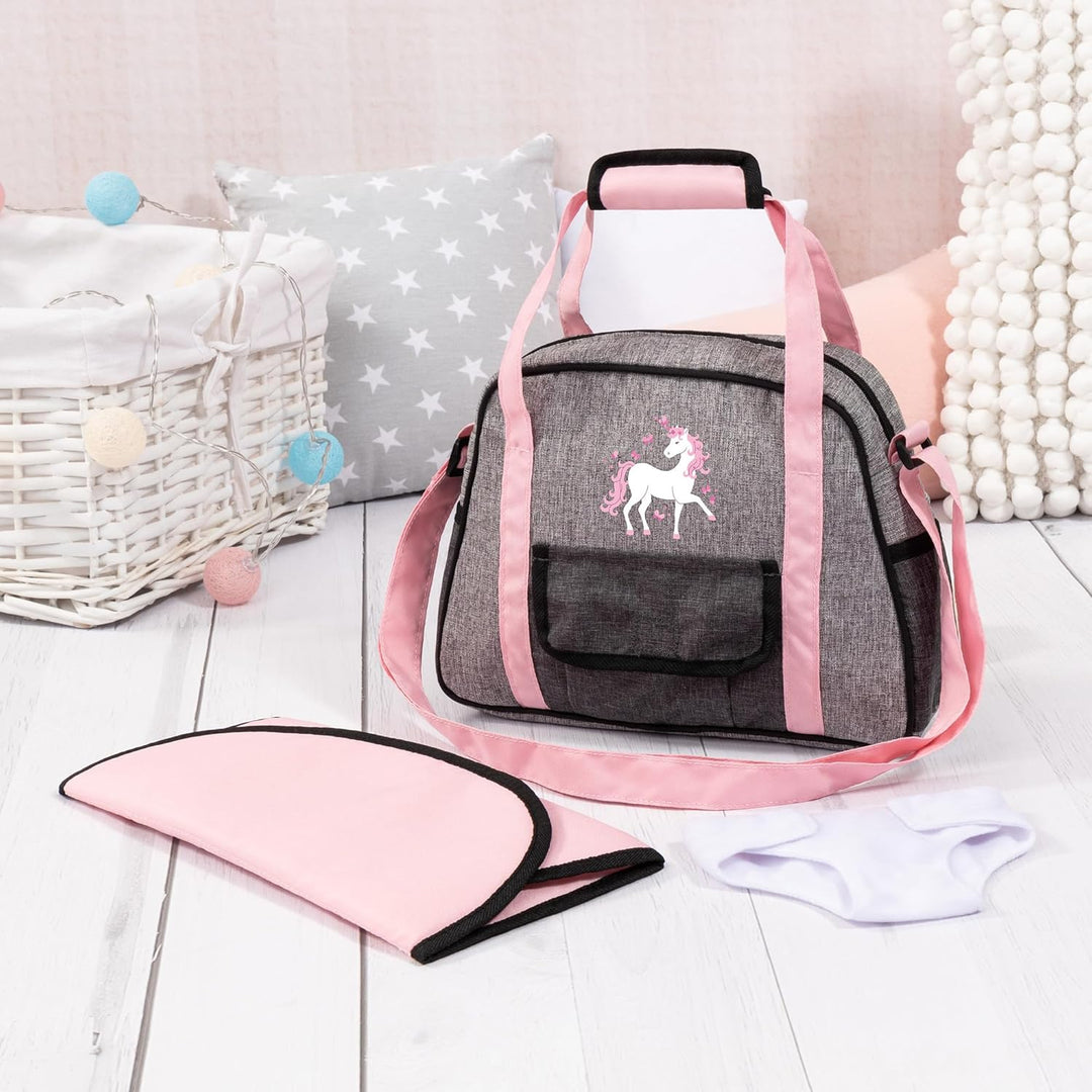 Bayer Design 69033AB Wickeltasche für Puppen, Wickelunterlage, Stoffwindel, Puppenzubehör, Jeans-gra