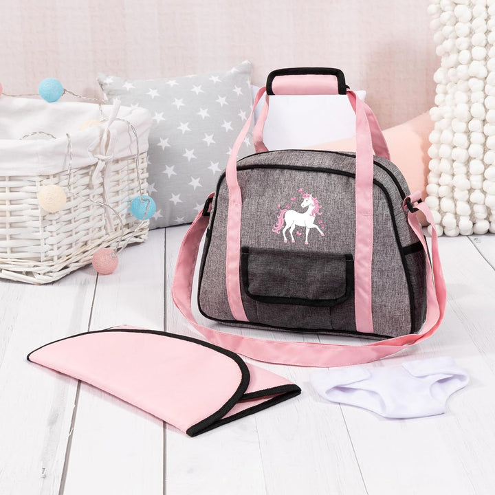 Bayer Design 69033AB Wickeltasche für Puppen, Wickelunterlage, Stoffwindel, Puppenzubehör, Jeans-gra