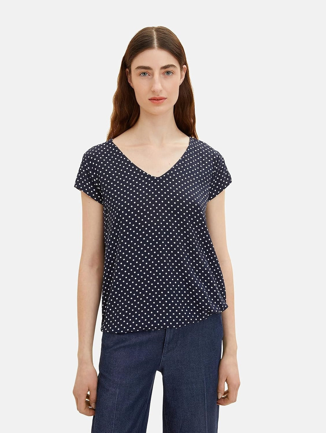 TOM TAILOR Damen Basic Bluse mit V-Ausschnitt 34 32086 - Small Navy Dot Design, 34 32086 - Small Nav