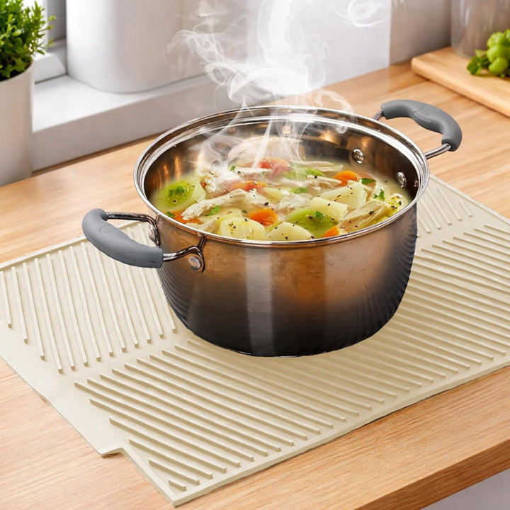 Abtropfmatte Geschirr Silikon 50 x 40 cm, Wasserablauf, Cremeweiss | Grosse Trockenfläche, Wasserabl