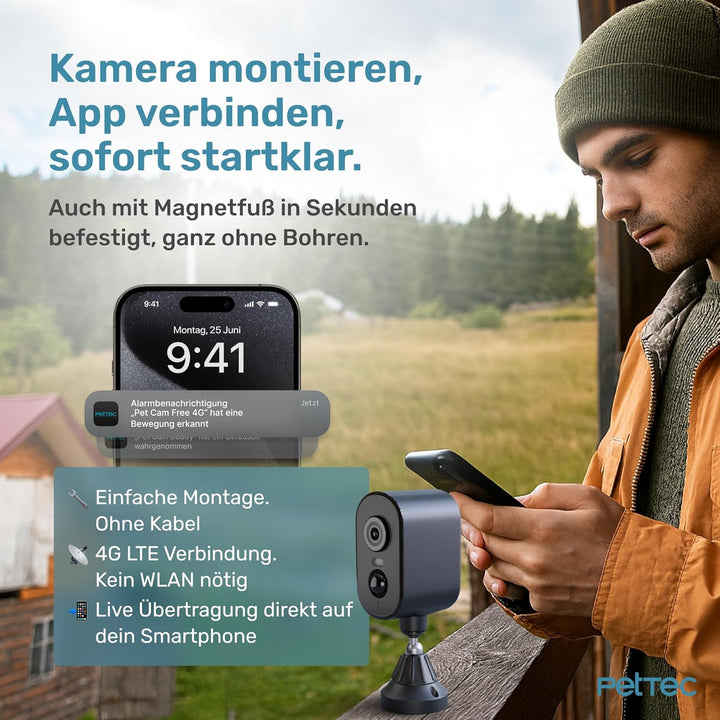 PetTec Cam Free 4G LTE Kamera ohne WLAN [LTE-Tarif kostenpflichtig] – Akku Outdoor Kamera für Stall,