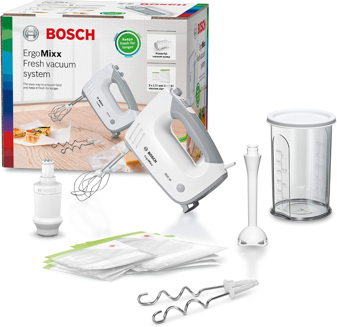 Bosch Handrührer ErgoMixx MFQ364V0, mit Vakuum-Funktion, 2 Rührbesen, 2 Edelstahl-Knethaken, Vakuum-