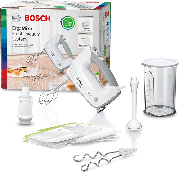 Bosch Handrührer ErgoMixx MFQ364V0, mit Vakuum-Funktion, 2 Rührbesen, 2 Edelstahl-Knethaken, Vakuum-