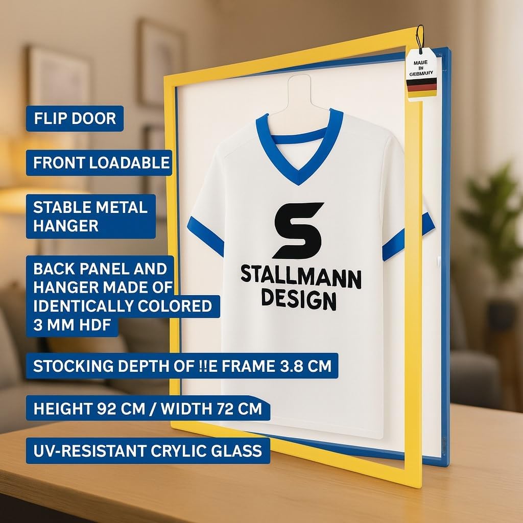 Trikotrahmen mit Drehtür – 'Gelb-Blau' - Rückwand Weiss | Grösse: 90x70cm - von vorne bestückbar - s