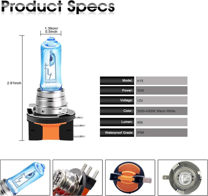 TECTICO H15 Halogen Birne 12V 15/55W Warmweiss +130% Ultra Heller Tagfahrlicht Fernlicht Abblendlich