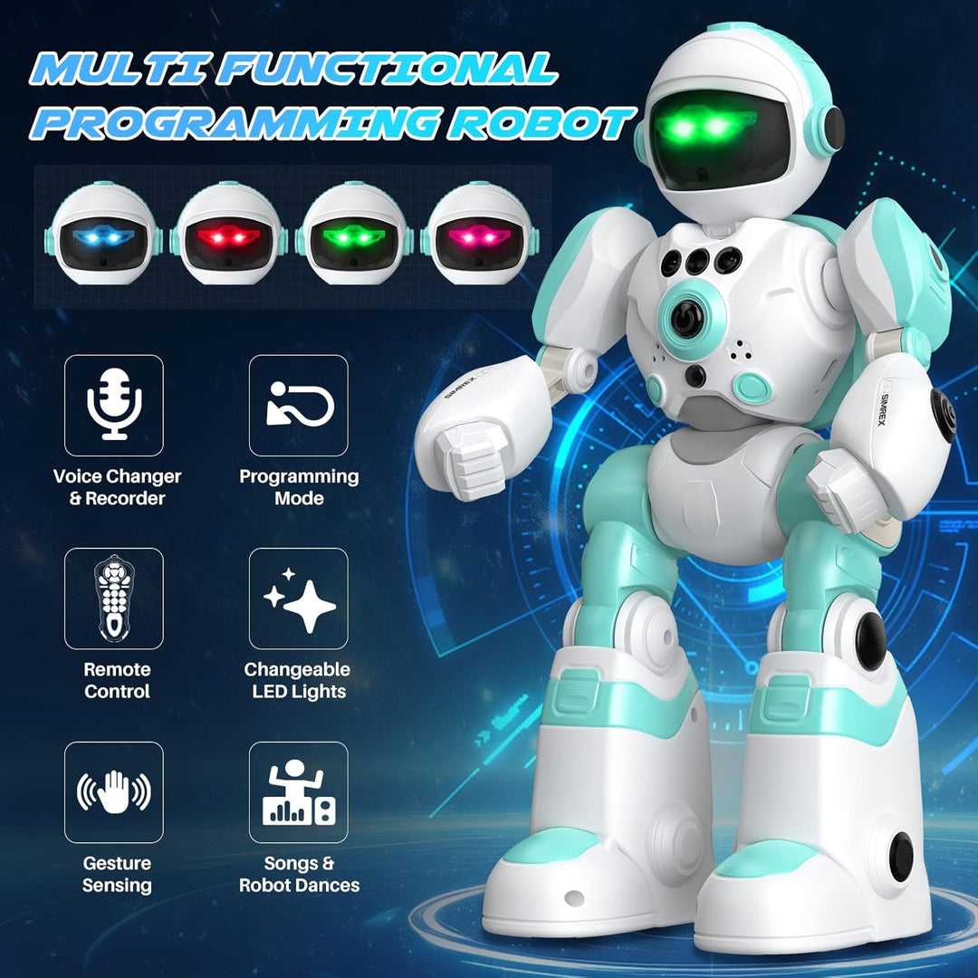 SIMREX Roboter Kinder Spielzeug, wiederaufladbar und projizierbar, RC-Roboter mit LED-Augen und Musi
