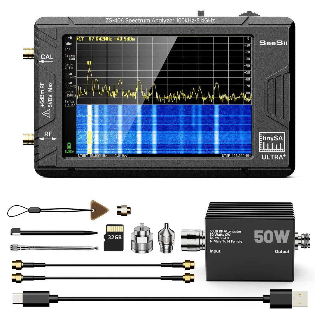 SEESII TinySA Ultra+ ZS406 Spektrumanalysator mit 50W Dämpfungsglied, 4,0 Zoll Frequenzanalysator 10
