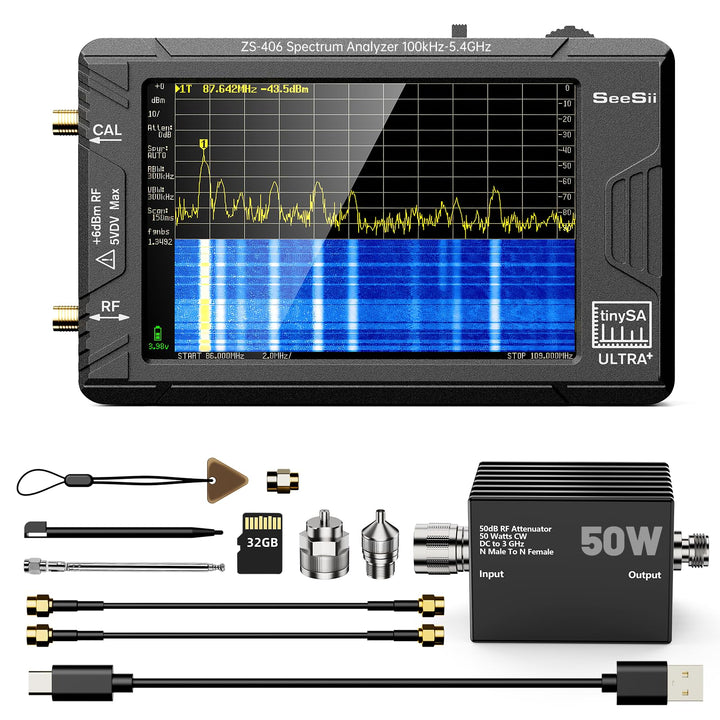 SEESII TinySA Ultra+ ZS406 Spektrumanalysator mit 50W Dämpfungsglied, 4,0 Zoll Frequenzanalysator 10