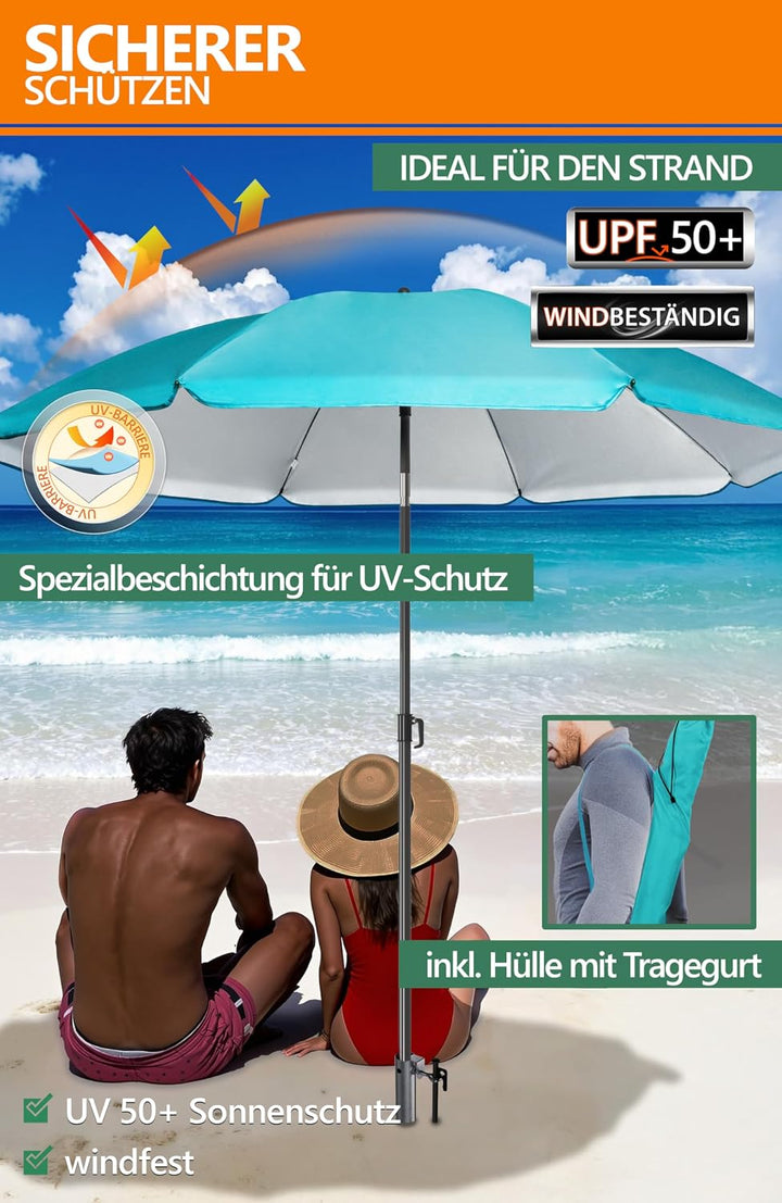 4smile Sonnenschirm Strand 200 cm 3-IN-1-SET, Strandschirm windfest stabil + Schutzhülle + Eindrehbo