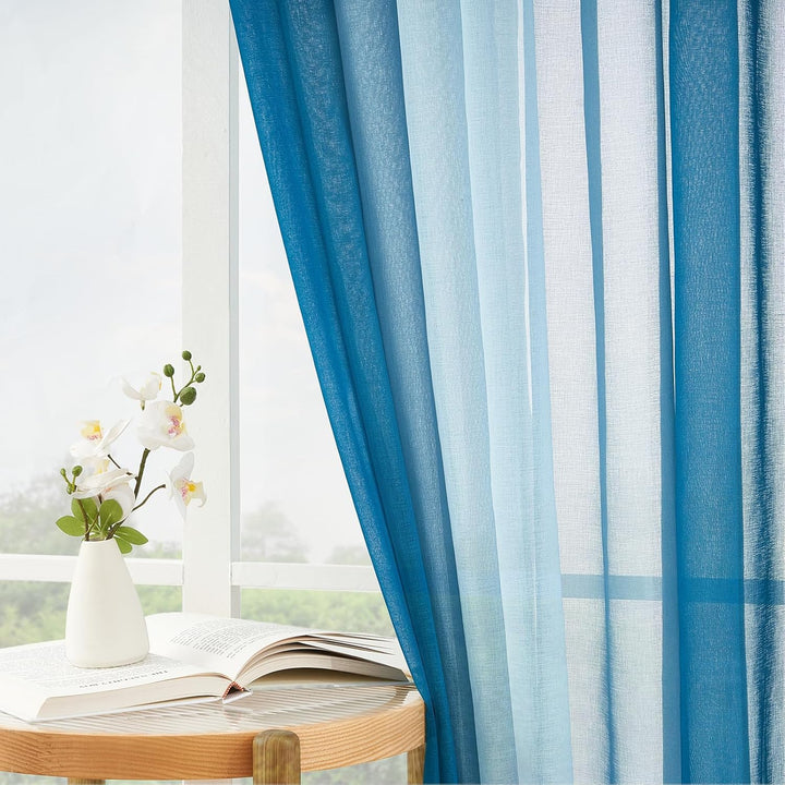MRTREES Gardinen Voile mit Ösen Wohnzimmer Modern 2er Set Farbverlauf Tealblau, Vorhang Transparent