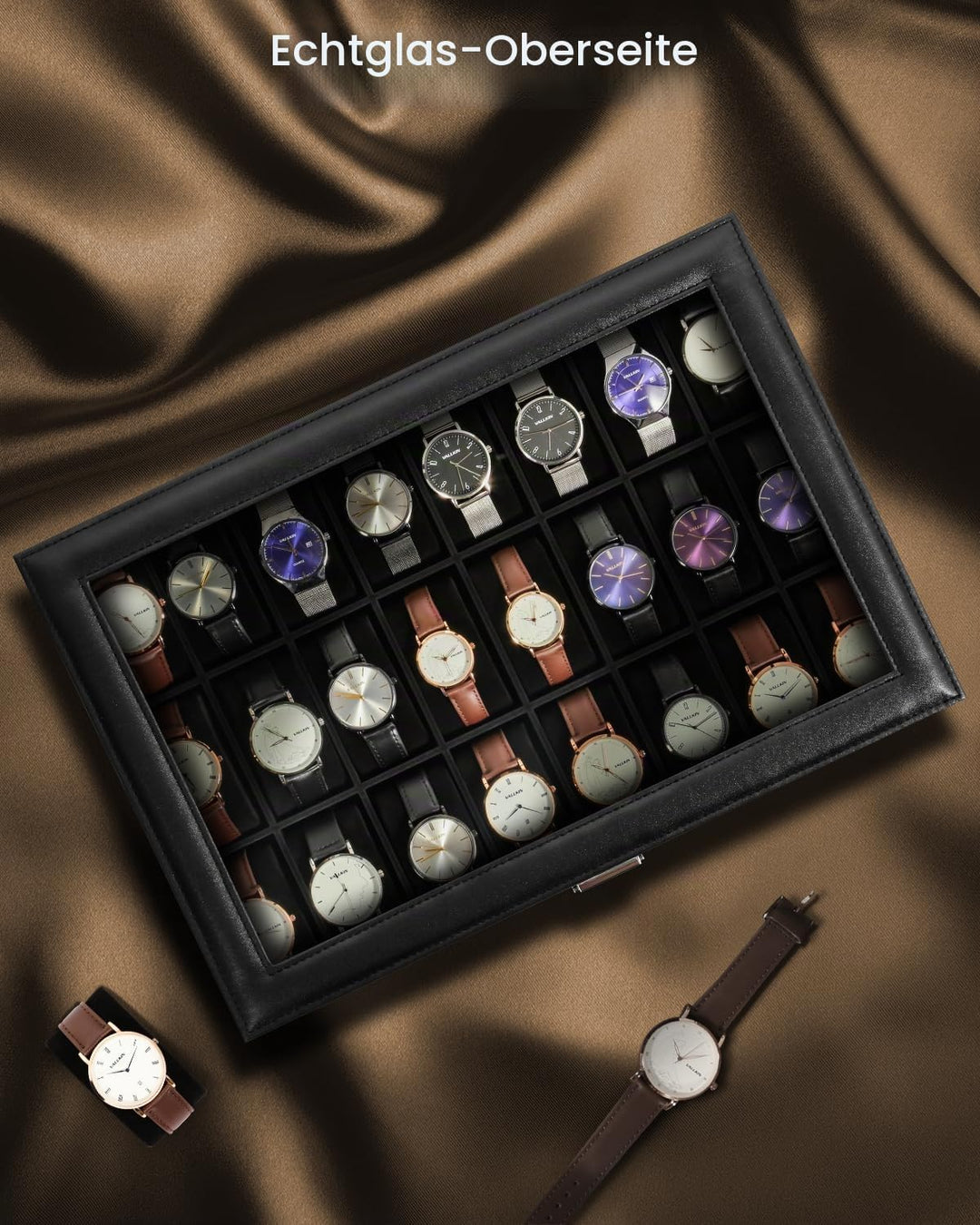 Uten Uhrenbox mit 24 Fächern, Uhrenbox mit Schlüsselschloss, Glasabdeckung, Uhrendisplay Aufbewahrun